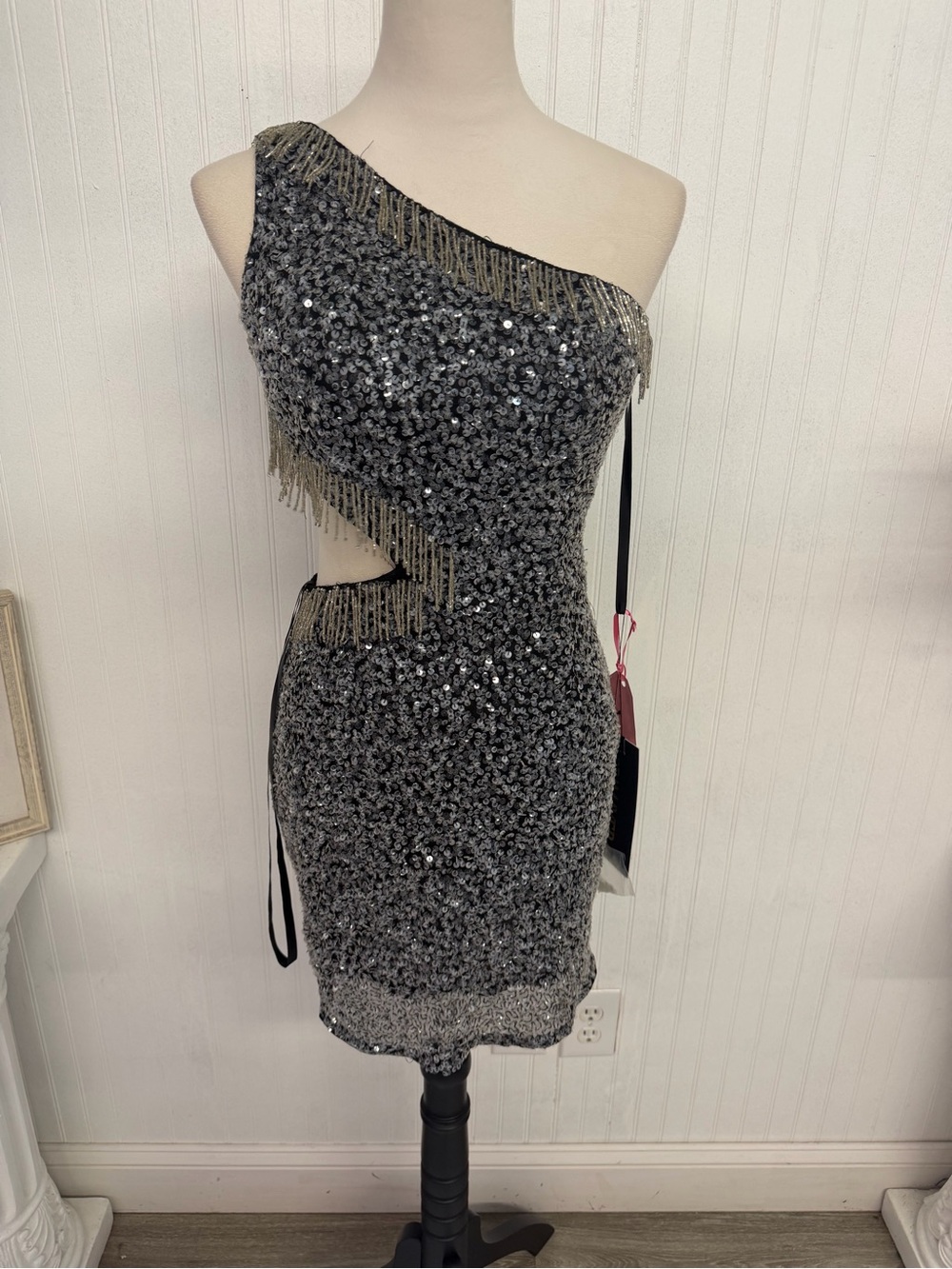 Primavera Couture One-Shoulder Silver Sequin Fringe Cutout Mini Dress